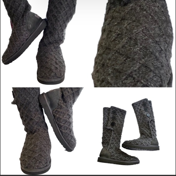 Tall UGG gray three button waffle knit boots Fold up or down worn tall or short - Picture 15 of 17
